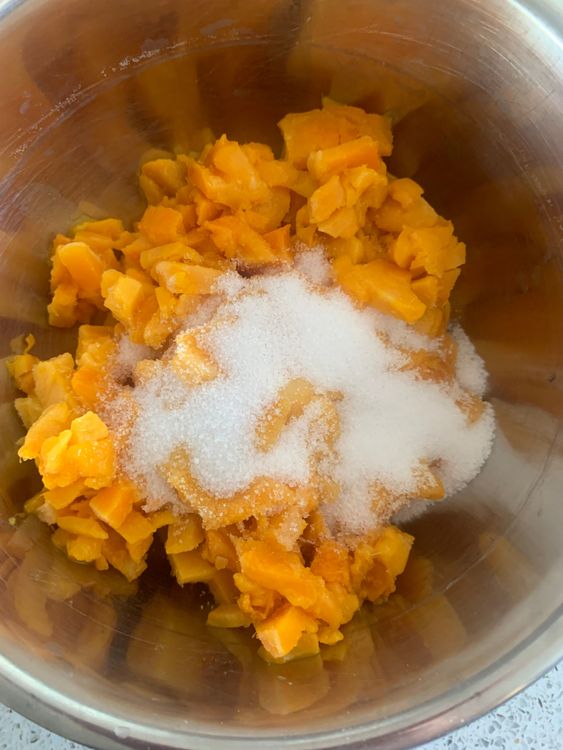 Step 1.1: Peel and chop the mangoes into small pieces