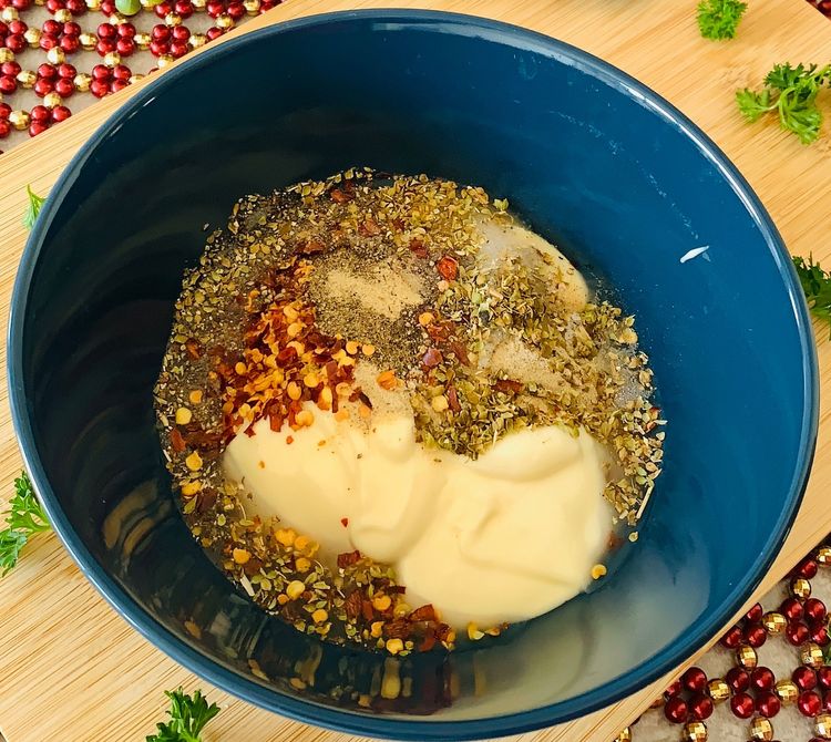 Step 1.1: Prepare the dressing in a separate bowl by mixing the mayonnaise, salt, white pepper, black pepper, chilli flakes, sugar, lemon juice, and mustard sauce