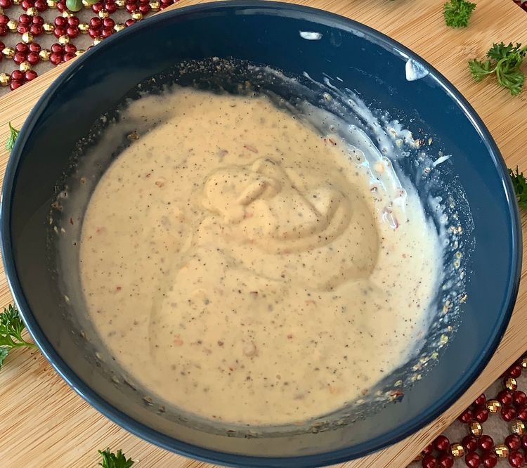 Step 1.2: Prepare the dressing in a separate bowl by mixing the mayonnaise, salt, white pepper, black pepper, chilli flakes, sugar, lemon juice, and mustard sauce