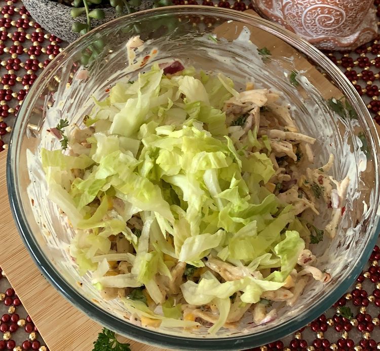 Step 1.1: Before serving add the chopped lettuce to the chilled chicken mixture and mix gently