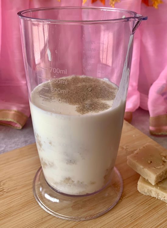 Step 1.1: In a blender, combine the Burfi pieces, chilled curd, chilled milk or water, cardamom powder and salt