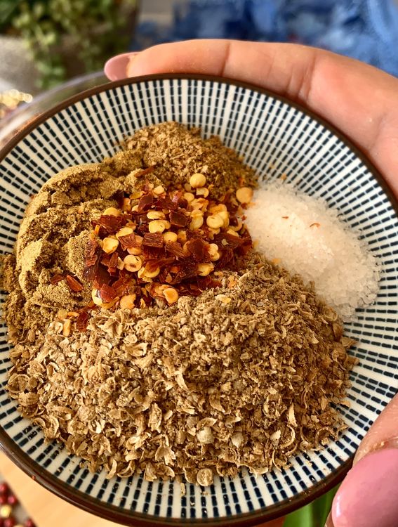 Step 1.1: Add salt, Kashmiri chilli powder, garam masala, red chilli flakes, coriander powder, cumin powder, chopped coriander leaves, and chopped curry leaves