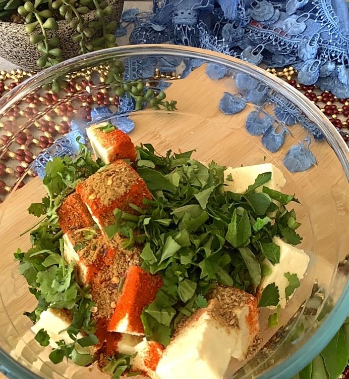 Step 1.3: Add salt, Kashmiri chilli powder, garam masala, red chilli flakes, coriander powder, cumin powder, chopped coriander leaves, and chopped curry leaves