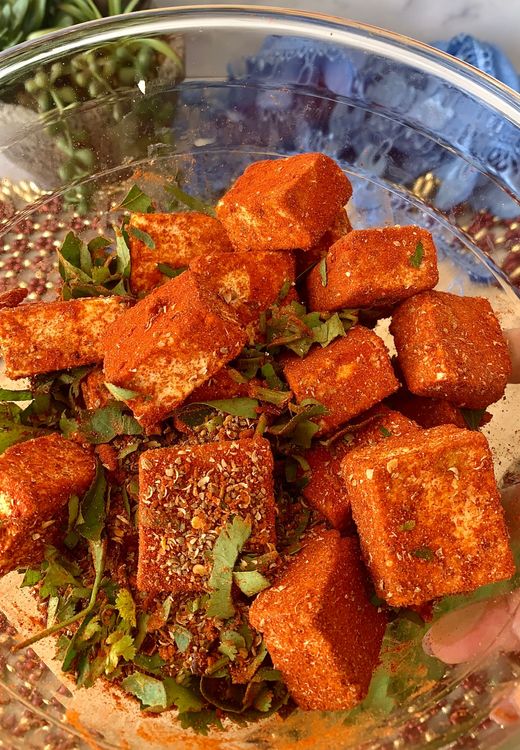 Step 1.4: Add salt, Kashmiri chilli powder, garam masala, red chilli flakes, coriander powder, cumin powder, chopped coriander leaves, and chopped curry leaves