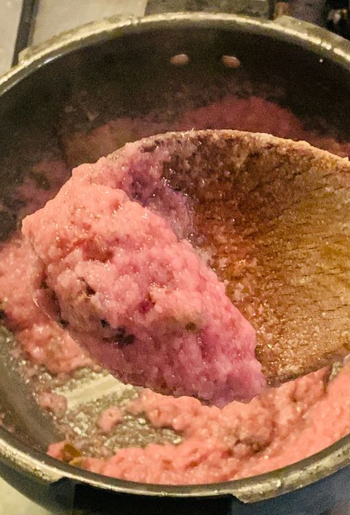 Step 1.2: Add ground onions and saute until translucent and pinkish