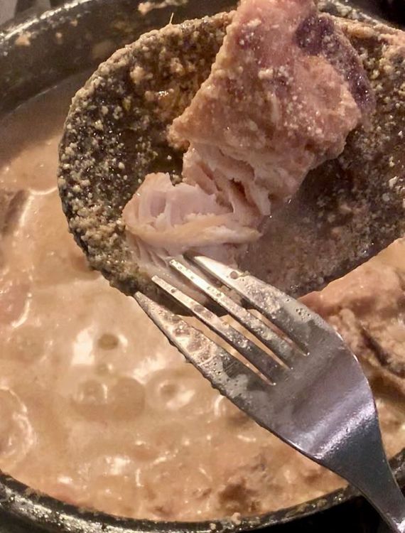Step 1.1: To check if the chicken is tender, it should come apart quickly from the bone when poked with a fork