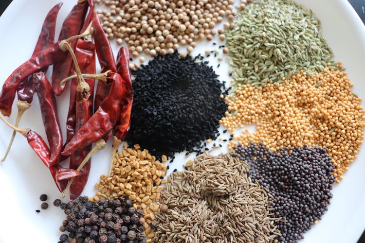 Step 1.1: Add the dry red chilies, coriander seeds, fennel seeds, yellow and black mustard seeds, cumin seeds, nigella seeds, fenugreek seeds, and black peppercorns