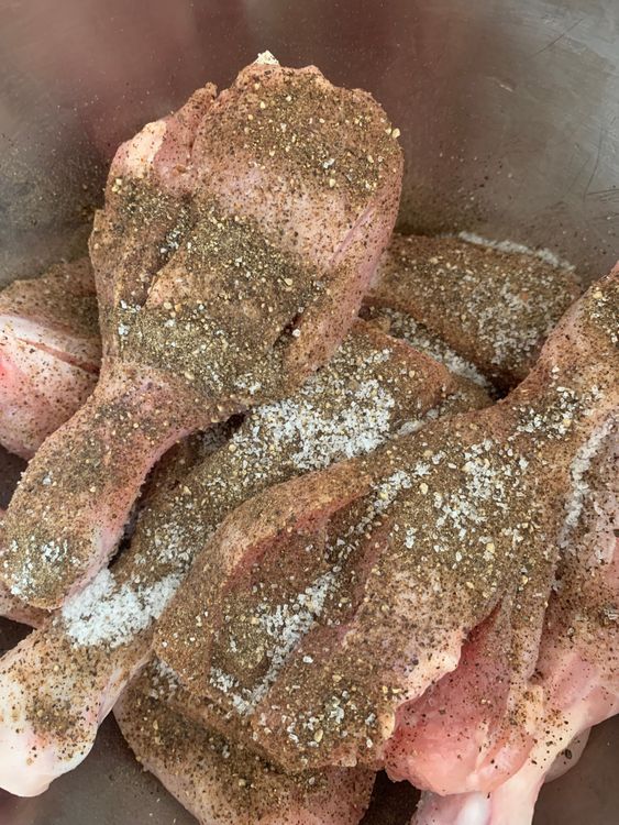 Step 1.1: Mix chicken drumsticks with salt, black pepper powder, and oil in a bowl