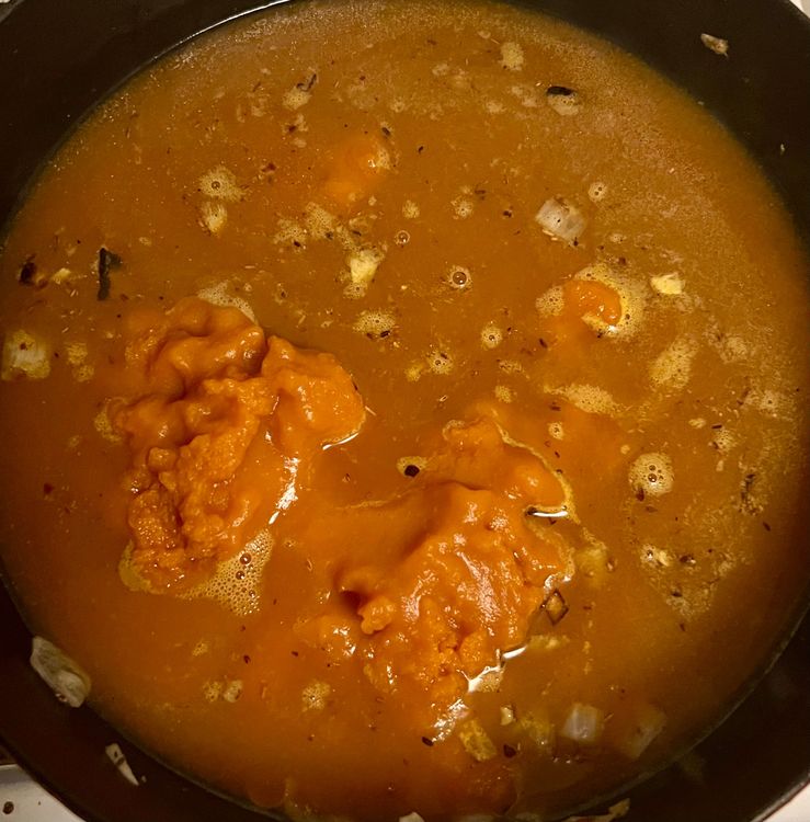 Step 1.1: Add the pumpkin, vegetable broth, 2 tsp salt, and a 1/2 tsp pepper