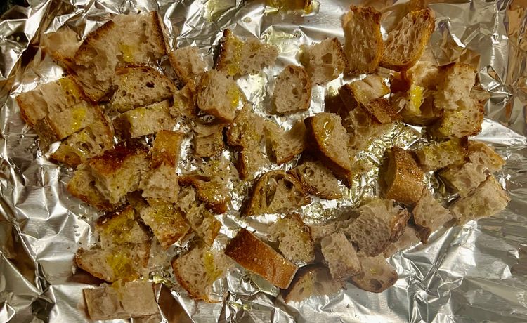 Step 1.1: Generously sprinkle with olive oil, salt, pepper, and anything else you love on your croutons (I almost always add oregano to mine)