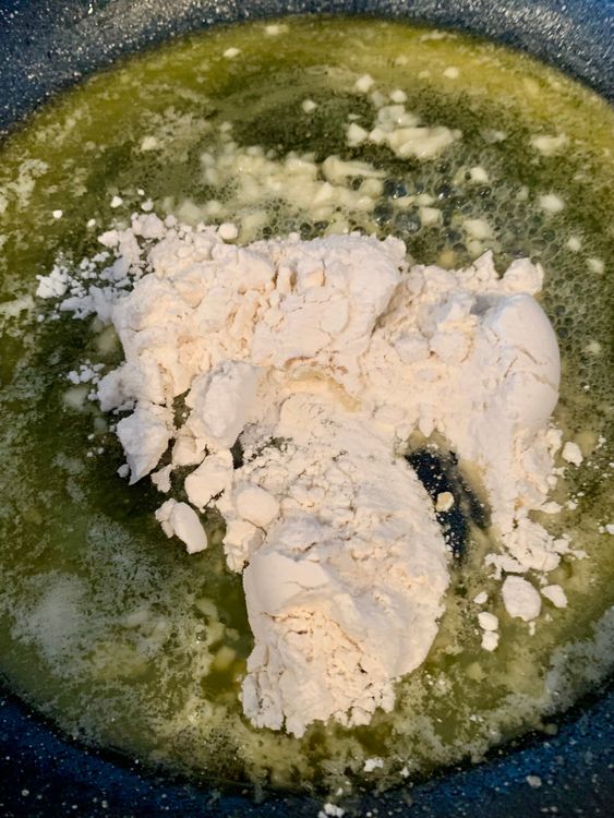 Step 2.1: Add the flour and stir for 1–2 minutes until it smells slightly nutty, but does not change color