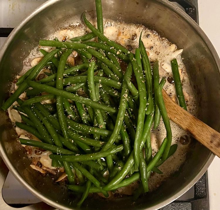 Step 2.1: Add the cooked haricot verts, 1/2 tsp kosher salt, 1/2 tsp pepper, and oregano