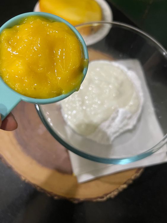 Step 1.1: To this add in the yogurt and mango puree