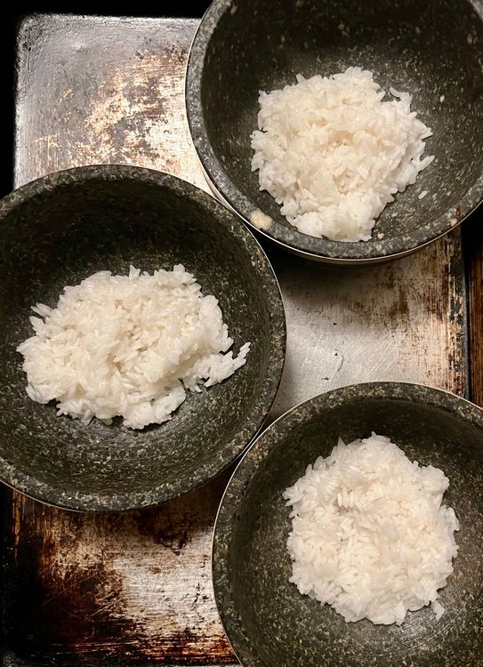 Step 1.1: To serve, place a heaping spoonful of rice at the center of each bowl