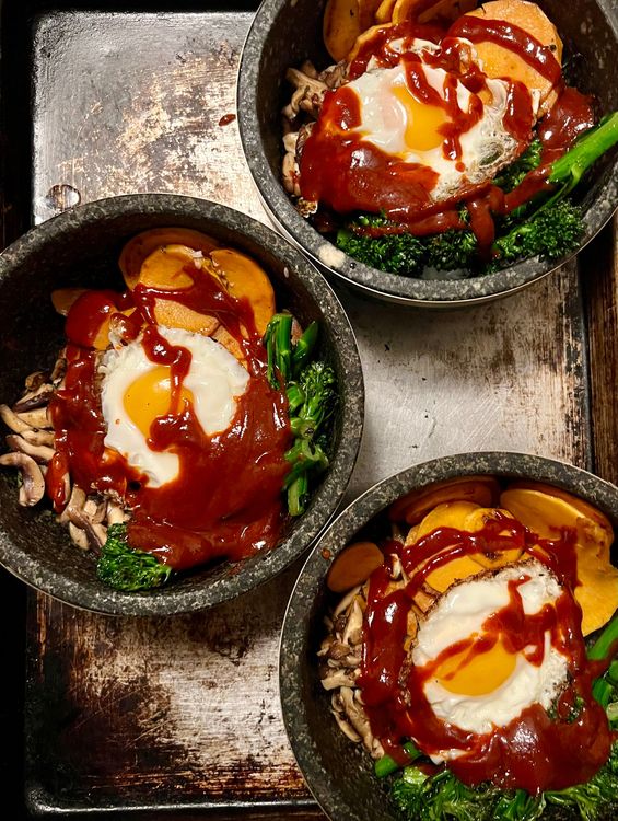 Step 1.1: Swirl some sauce around everything, and serve with kimchi or another banchan of your choosing!