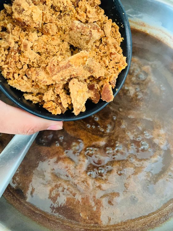 Step 3.1: Add jaggery and stir until fully dissolved