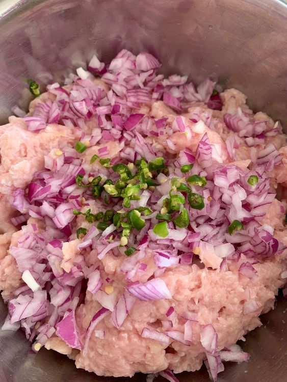 Step 1.1: In a large bowl, combine the chicken mince with chopped onion, green chillies, ginger-garlic paste, all the dry spices, roasted gram flour, lemon juice, salt, ghee, and fresh coriander