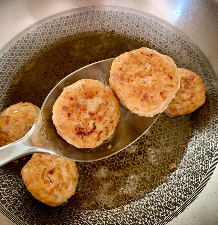 Step 1.2: Heat oil in a pan and shallow fry the koftas in batches until lightly golden