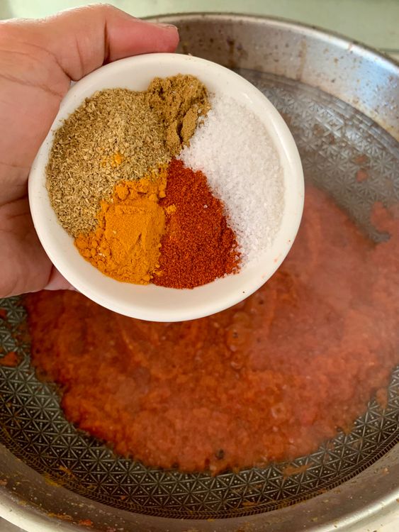 Step 2.1: Add Kashmiri chilli powder, cumin, coriander, turmeric, and salt