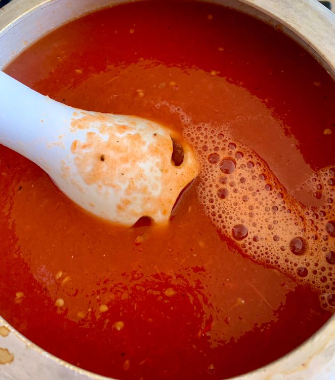 Step 1.1: Use a stick blender or liquidizer to pulse the boiled tomatoes until smooth