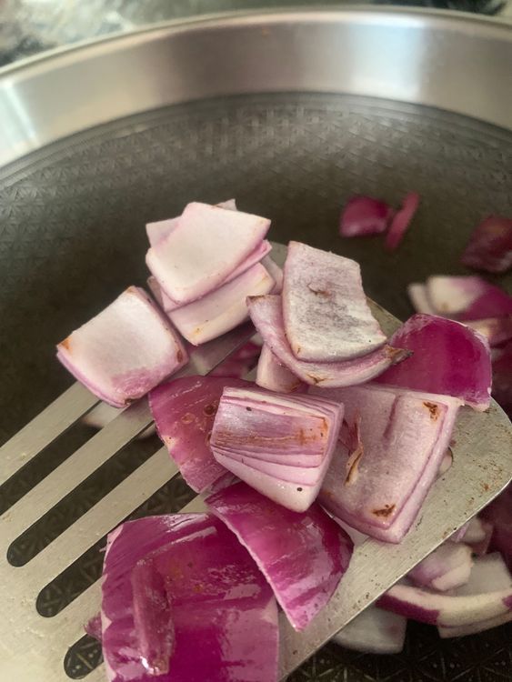 Step 1.1: Stri-fry half of the onions until slightly pinkish, set aside