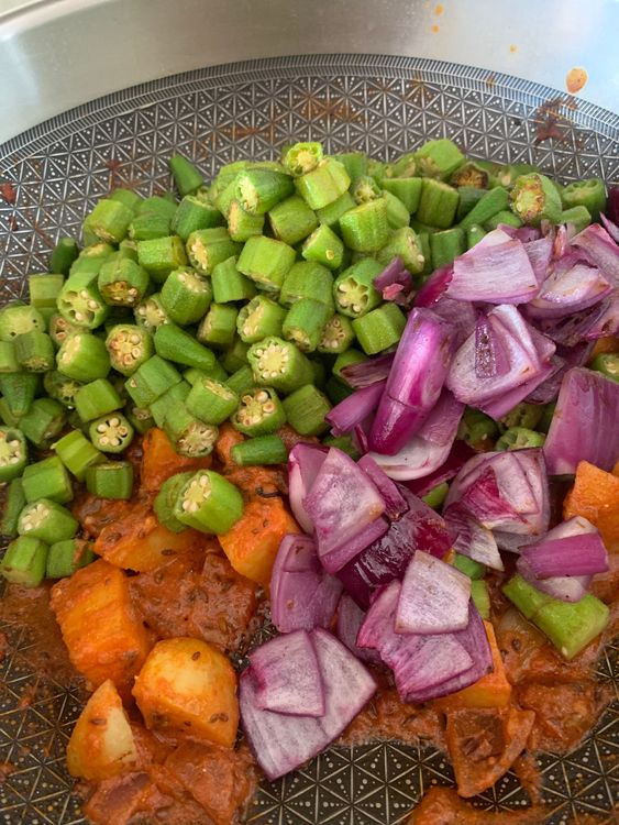 Step 1.1: Add okra and the sauteed onions
