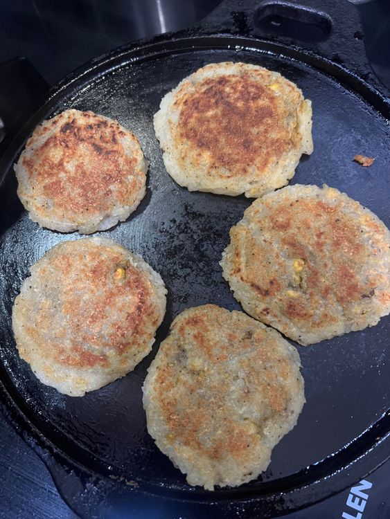 Step 1.2: Shallow fry the tikkis on a [cast iron ](https://amzn