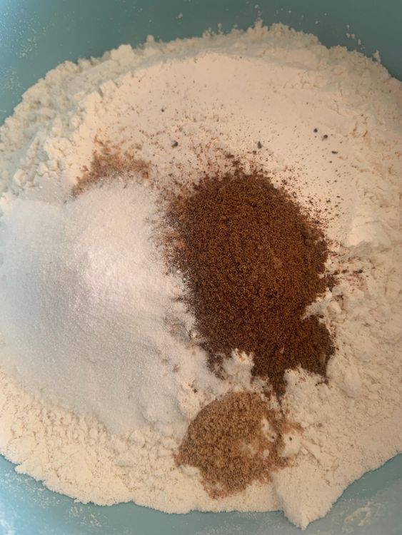 Step 1.1: In a separate bowl, whisk together all-purpose flour, baking powder, cinnamon powder, nutmeg powder, and salt