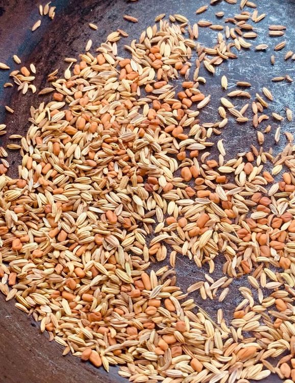 Step 1.1: Dry roast fennel seeds and fenugreek seeds in a pan on medium-high heat for 3-4 minutes