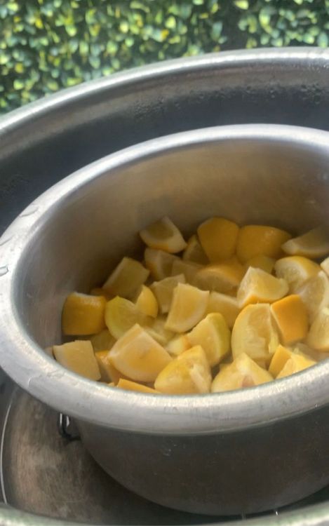 Step 1.1: Place the bowl with the lemon pieces and salt on the stand, and cover the pot