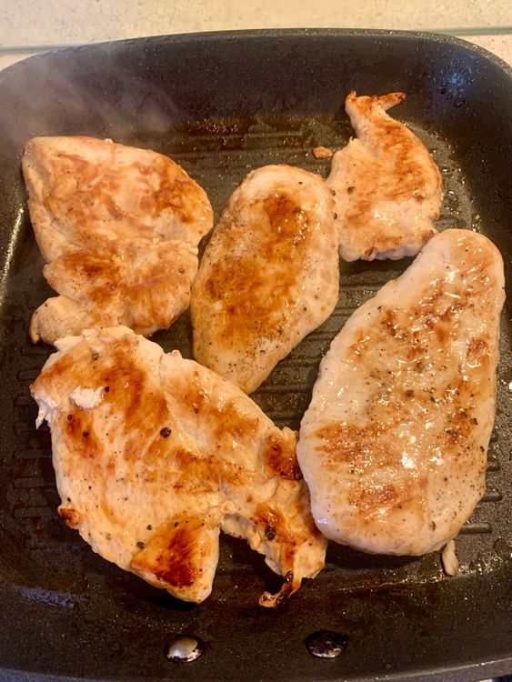 Step 1.1: Place the marinated chicken on the grill pan and cook for about 5-6 minutes per side until nice, crispy and golden on both sides and cooked through