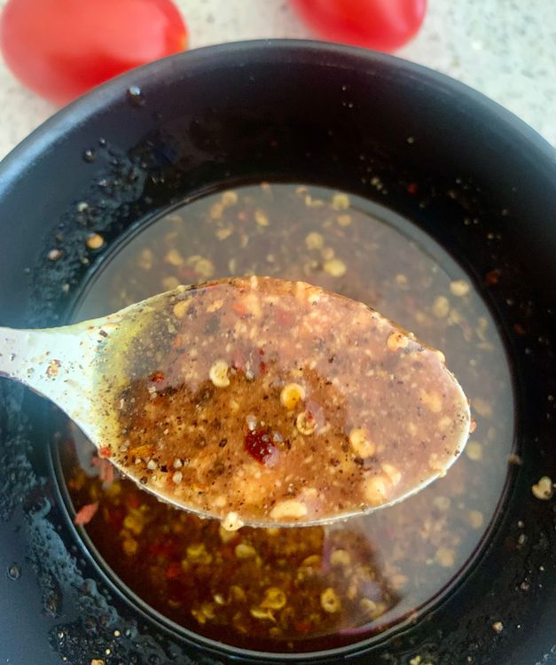 Step 1.2: Whisk together extra virgin olive oil, balsamic vinegar, dijon mustard sauce, salt black pepper powder, white pepper powder and chilli flakes in a small bowl
