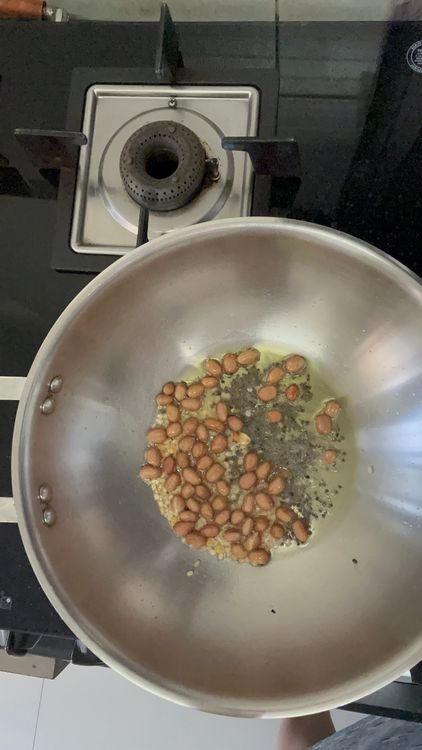Step 1.1: In a pan, add oil,mustard seeds and peanuts
