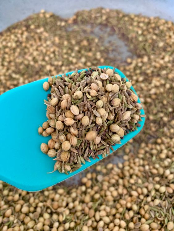 Step 1.2: In a heavy-bottomed pan, dry roast cumin, mustard, fennel, and coriander seeds over low heat until fragrant