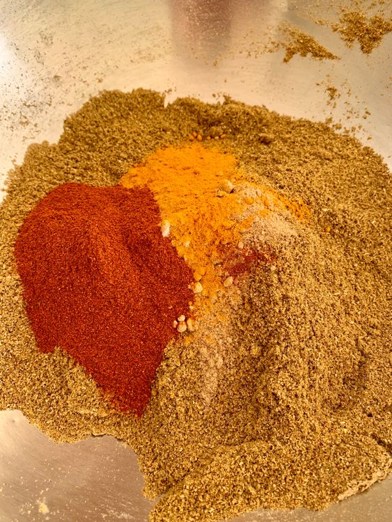 Step 2.1: Add turmeric, black salt, amchur, and Kashmiri chili powder to the ground spice mix