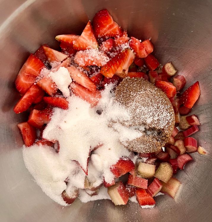 Step 1.1: First, mix your rhubarb and strawberries in a large bowl