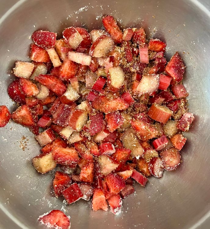 Step 1.2: First, mix your rhubarb and strawberries in a large bowl