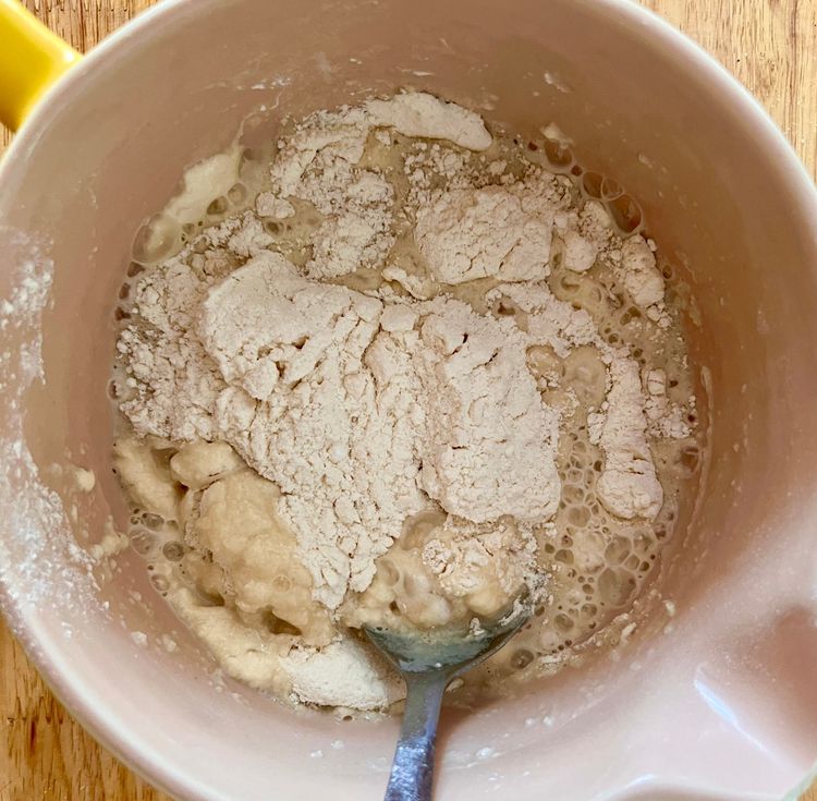 Step 1.1: In the meantime, mix the flour, baking powder, 1/2 tsp salt, and 1 cup of granulated sugar