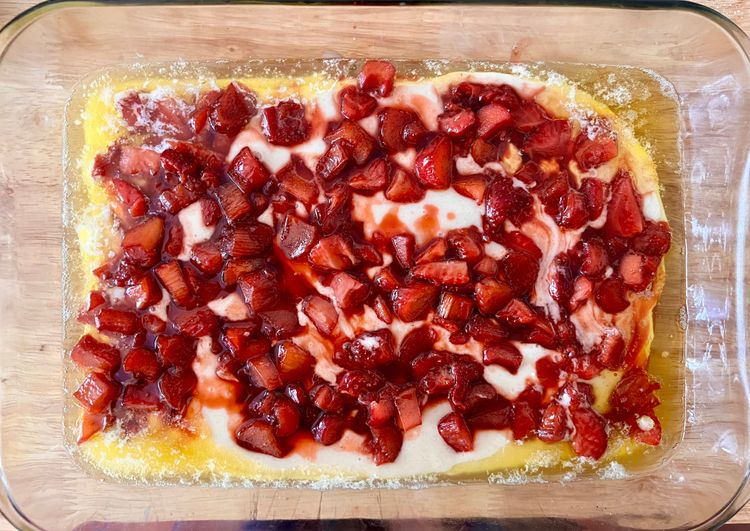 Step 1.1: Then slowly add the rhubarb and strawberry mixture
