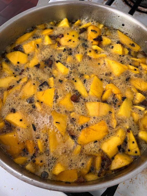 Step 1.3: Add in the mangoes, sugar, and vinegar and stir to combine