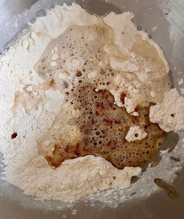 Step 1.1: Place the flour, yeast, and salt in a stand mixer or large bowl and mix lightly
