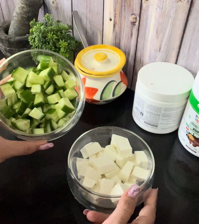 Step 1.1: Chop paneer and cucumber in equal sizes
