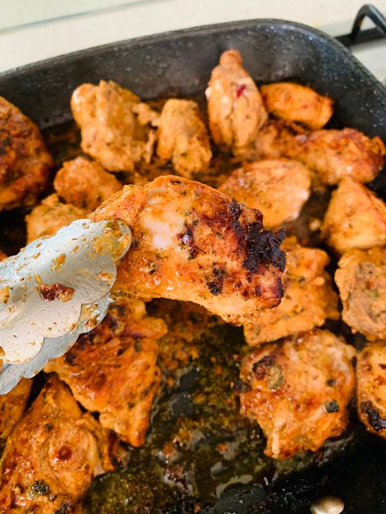Step 3.1: Cook for 5–7 minutes on each side until the chicken pieces are nicely charred and cooked through