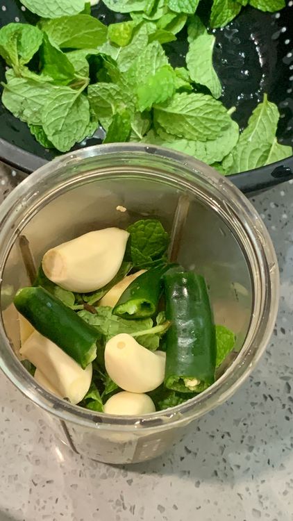 Step 1.1: Grind mint leaves, green chillies, ginger, garlic cloves, tamarind pulp, and 1/2 tsp salt in a grinder jar to form a smooth paste