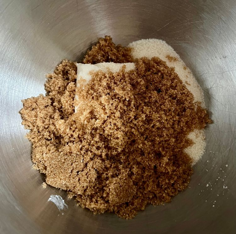 Step 1.1: In a stand mixer over medium speed (or by hand in a large bowl), cream the butter and sugars until crumbly, but fully incorporated