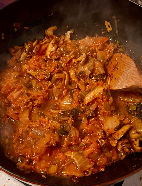 Step 1.1: Add the kimchi along with any leftover juice in the container it came in