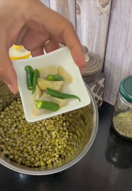 Step 1.1: Put sprouts, ginger, chillies,sooji,curd , salt and water in a mixer jar