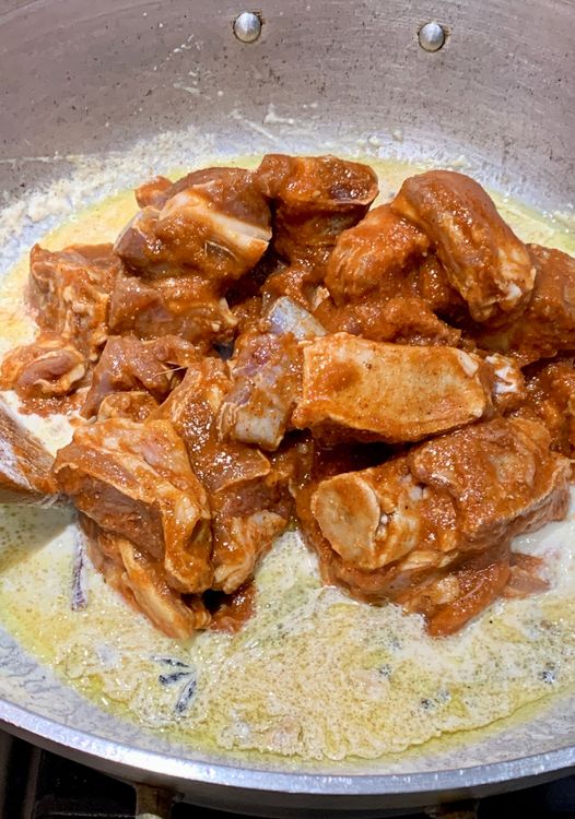 Step 3.1: Combine the marinated mutton with the spices in the pot, and sear the mutton on high heat for about 8-10 minutes, allowing the flavours to meld