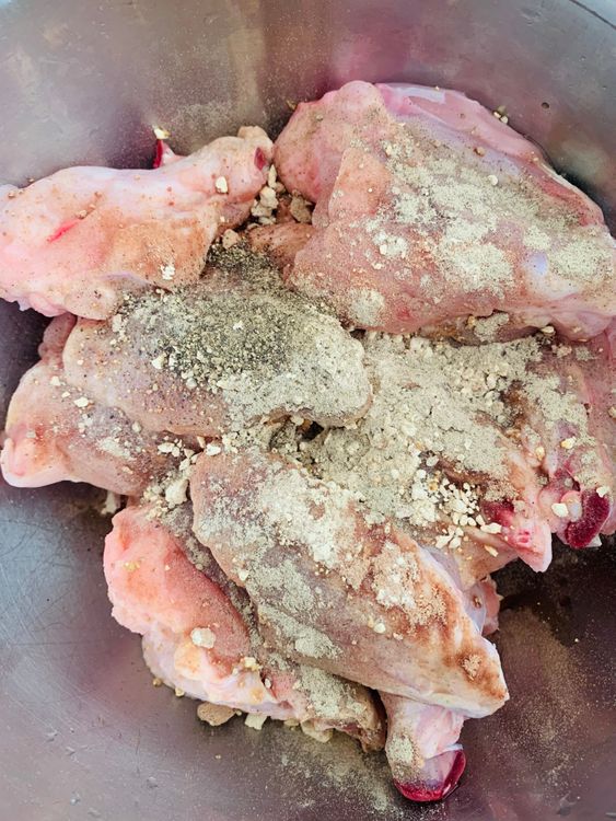 Step 1.1: In a bowl, toss the wings with fish sauce, crushed stock cube, garlic powder, and white pepper