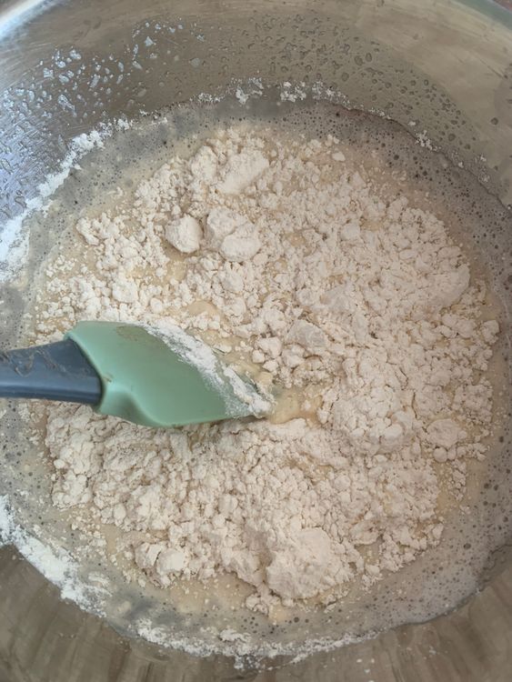 Step 2.1: Add half of the flour and salt, and mix until just combined